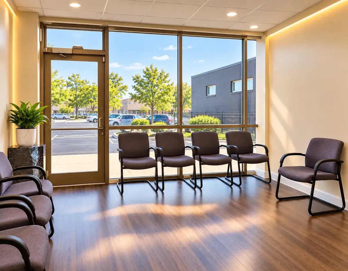 Waiting room with cushioned chairs and large windows letting in daylight
